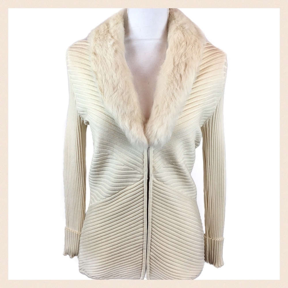 WR Cream Zip Silk Cardigan Faux Fur Collar Size M